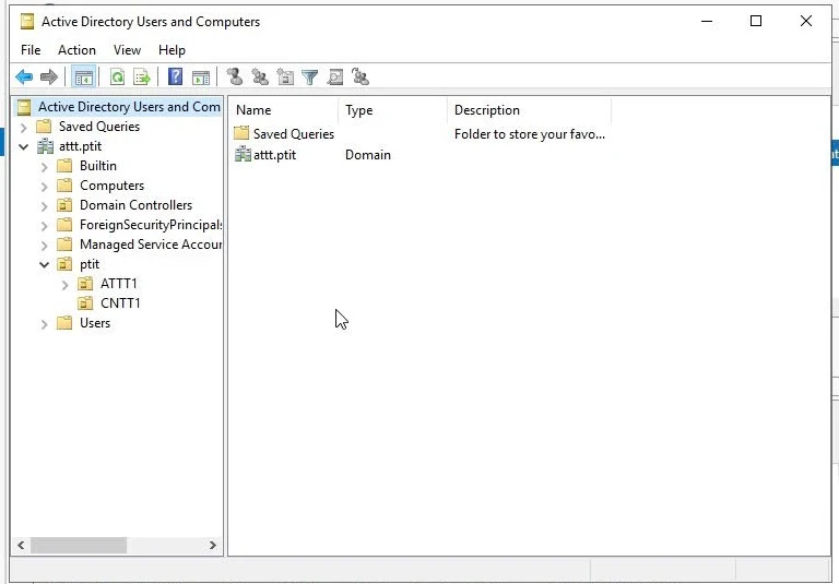 Domain attt.ptit trong Active Directory Users and Computers