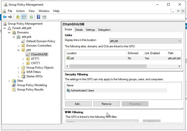 GPO ChanGhiUSB liên kết với OU ptit trong Group Policy Management