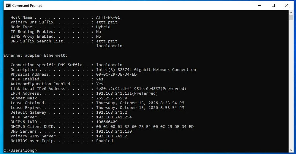 ipconfig /all trên ATTT-WK-01