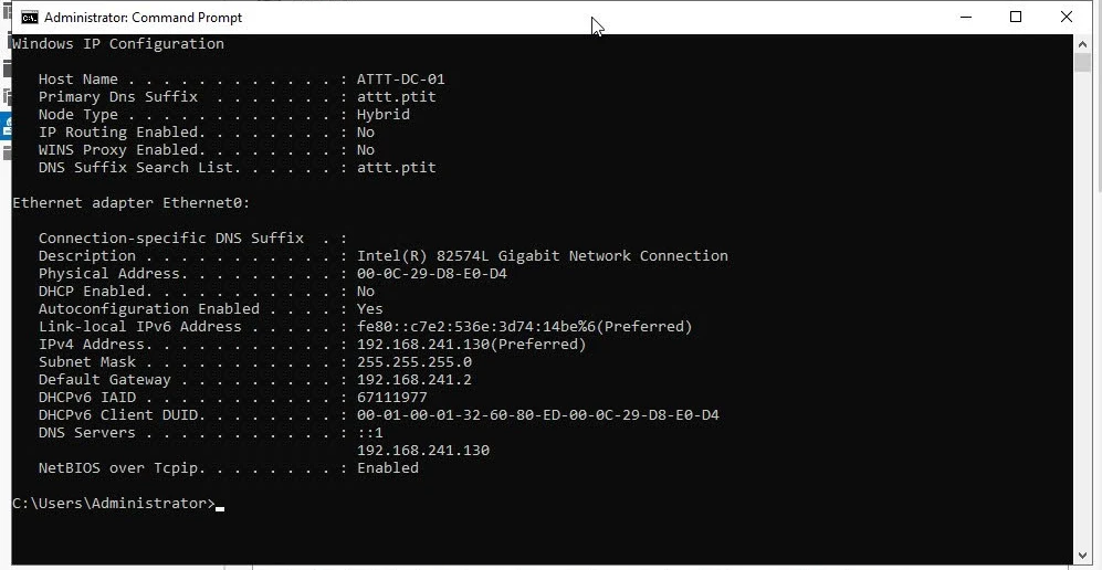ipconfig /all trên ATTT-DC-01