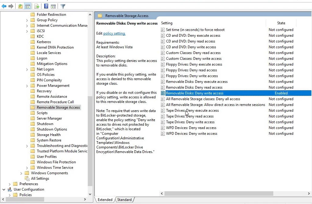 Removable Disks: Deny write access ở trạng thái Enabled