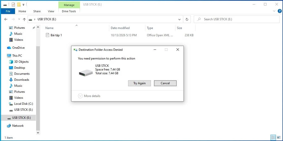 Sao chép vào USB STICK (E:) bị từ chối, tệp có sẵn vẫn hiển thị